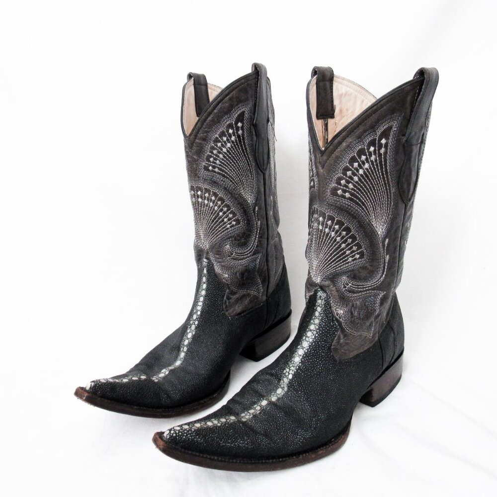 VINTAGE EXOTIC BLACK STINGRAY LEATHER COWBOY BOOTS Western Pointed Toes Size-10